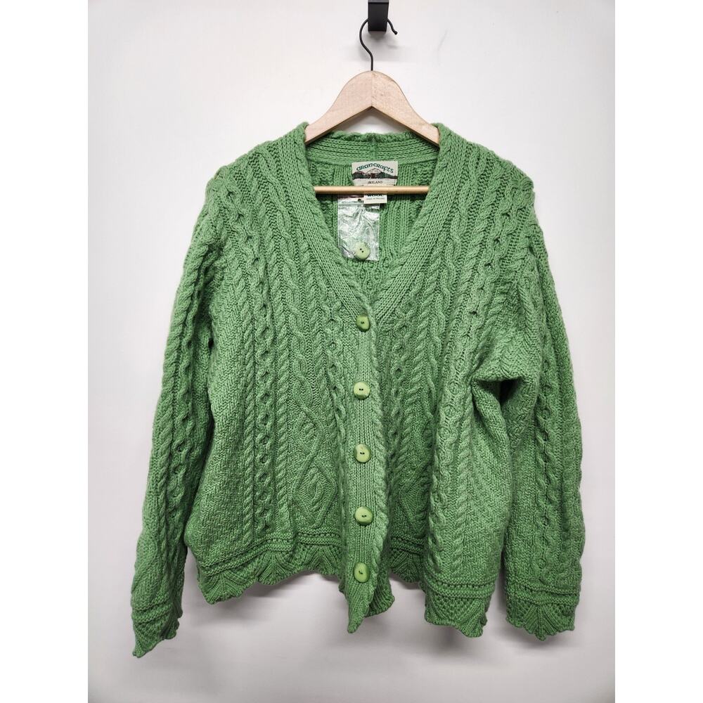 Aran Crafts Women's Green Cable Knit Button Up Scalloped Edge Cardigan, Size XL